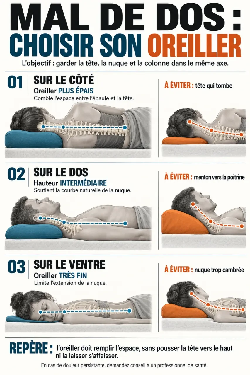 Infographie sur l’oreiller mal de dos et l’alignement de la tête, de la nuque et de la colonne selon la position de sommeil