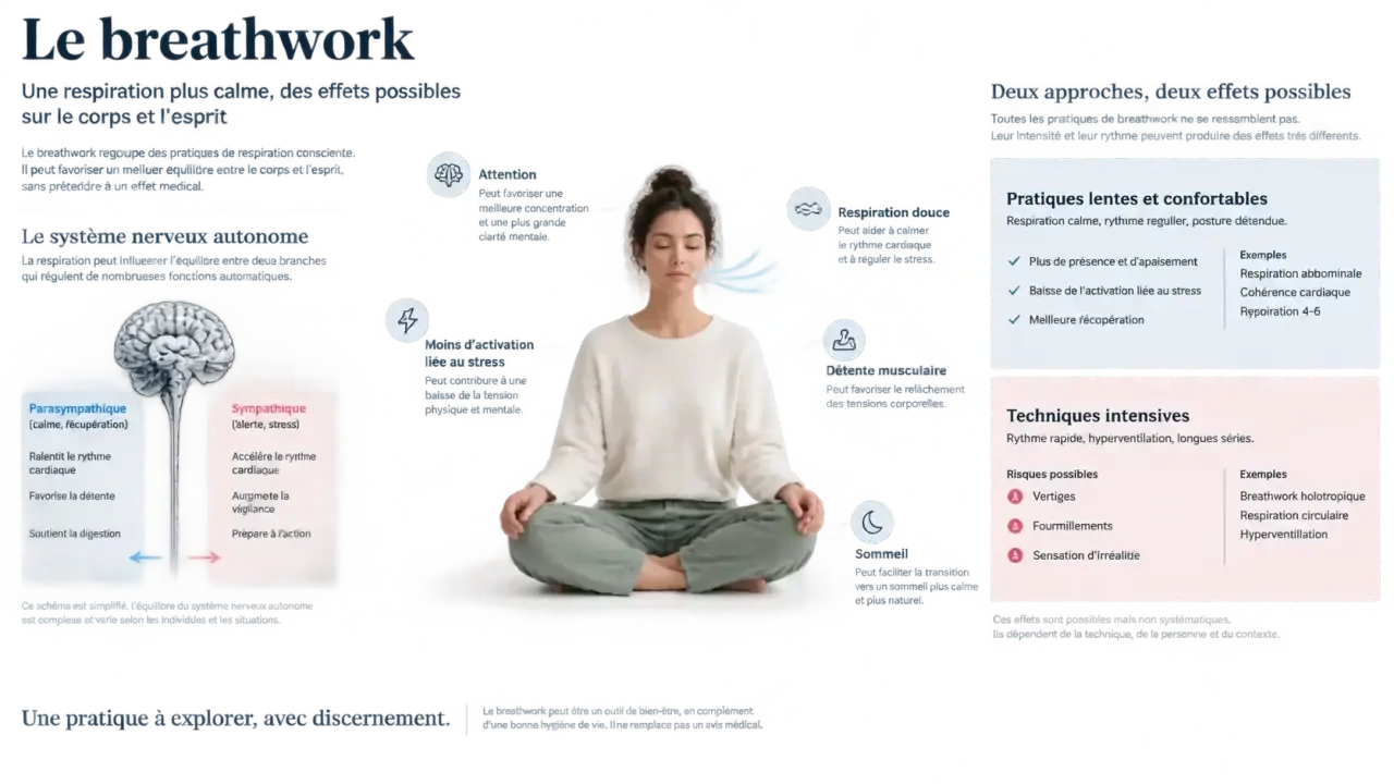 Infographie scientifique sur les breathwork bienfaits, le système nerveux, le stress et les précautions de sécurité