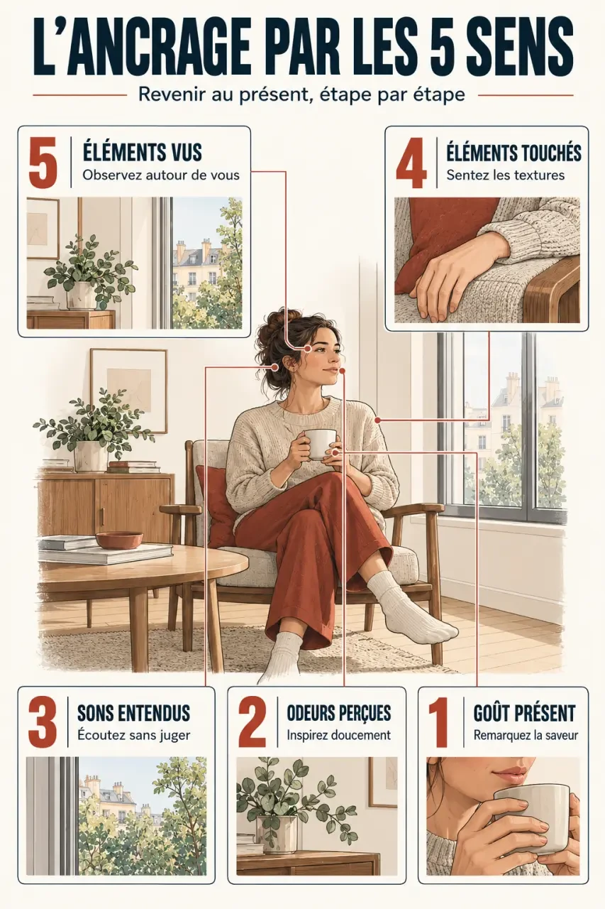 Mindfulness : 6 exercices simples pour revenir au moment présent 2 Exercices de mindfulness en français : ancrage par les cinq sens en cinq étapes