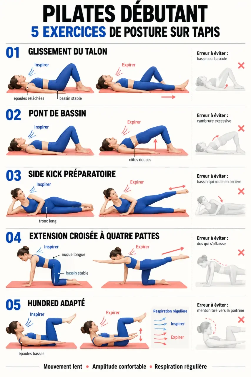 Posture Pilates : 5 mouvements pour débuter sans crisper le dos 2 Posture pilate : cinq exercices débutants avec positionnement, respiration et contrôle du bassin