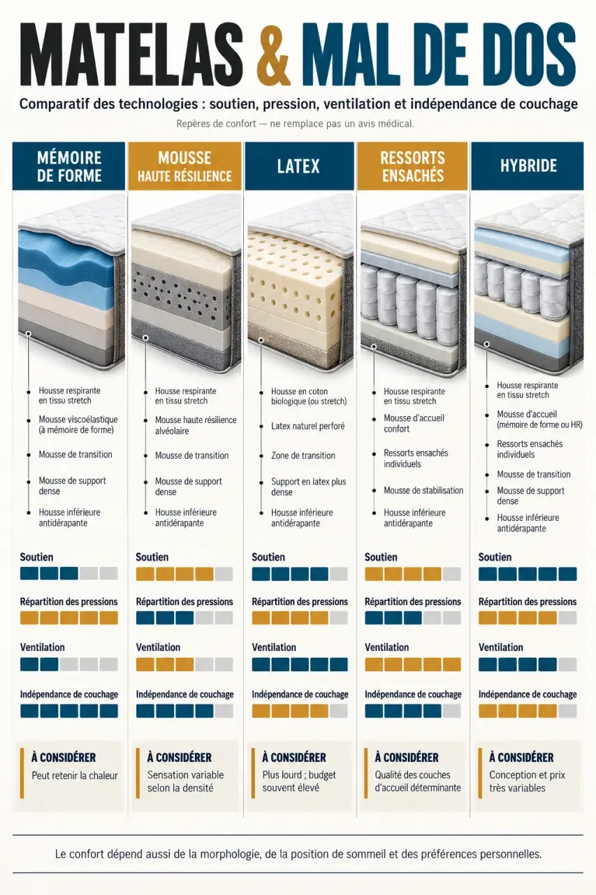 Infographie comparative des technologies de matelas pour mal de dos sciatique