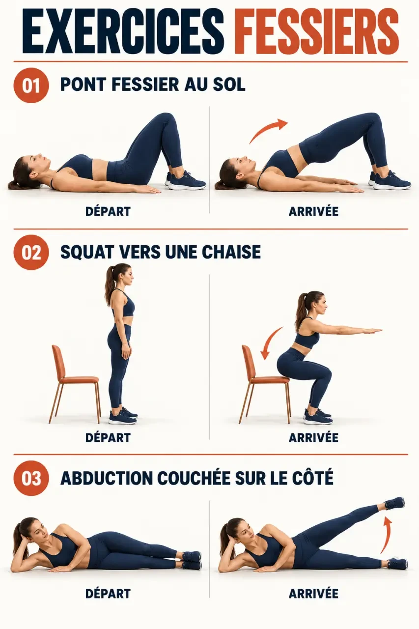 Exo fessiers : illustration des positions du pont fessier, du squat et de l’abduction