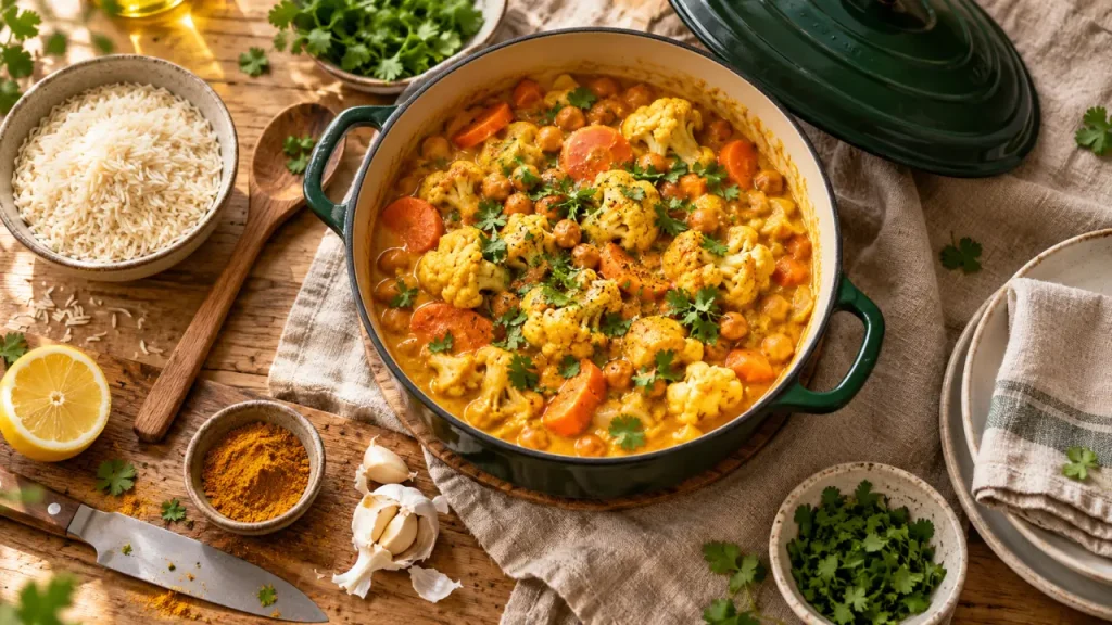 Idées recettes légumes : curry végétarien de carottes et chou-fleur en cocotte, photo